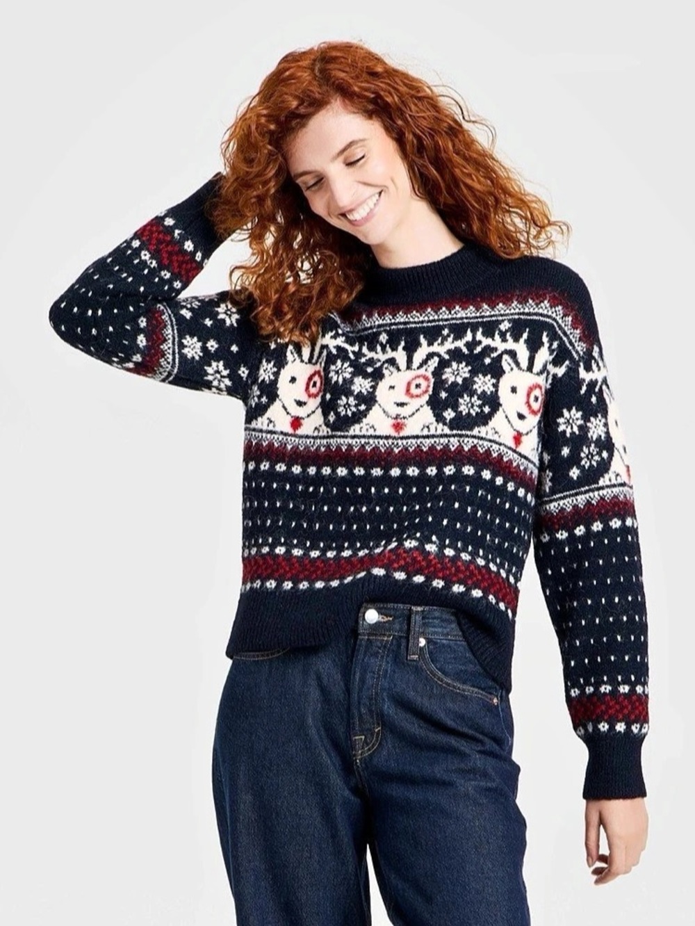 Target Bullseye Holiday Reindeer Fair Isle Sweater Navy & Red size xs